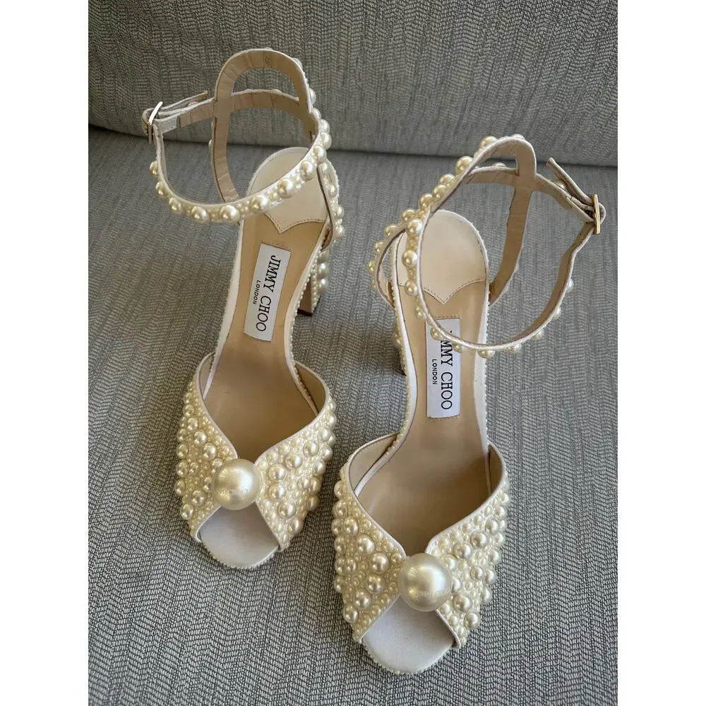 Jimmy Choo Pearl-Embellished Ivory Block Heel Sandals